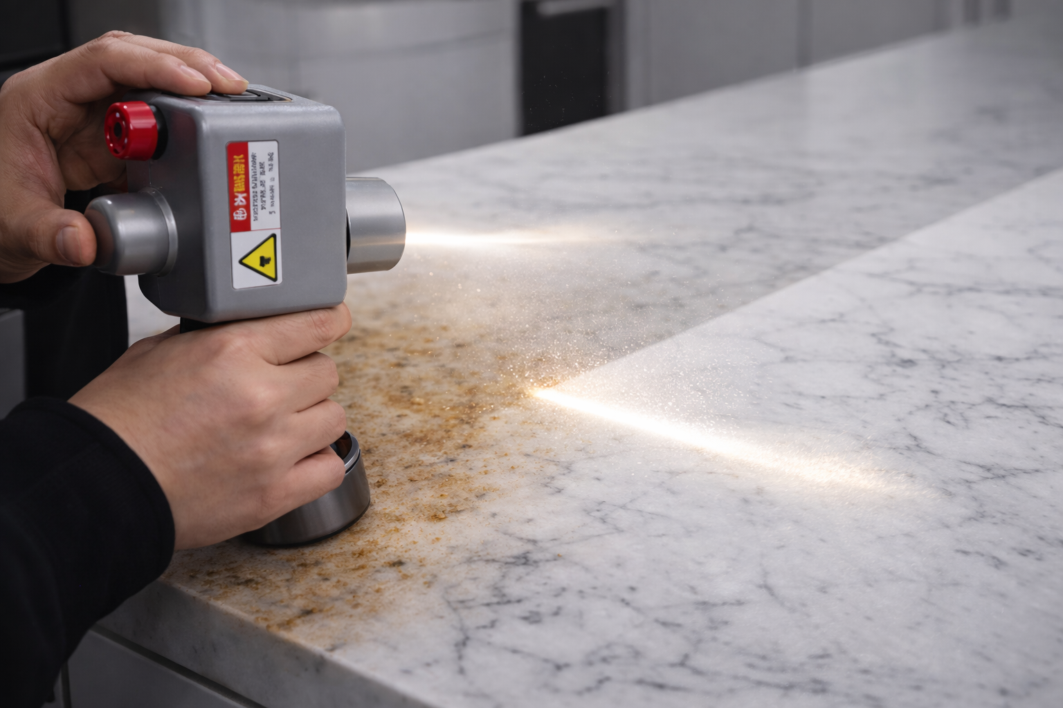 Equipamento de limpeza a laser em ação removendo sujeira de uma superfície.